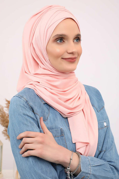 Soft Jersey Hijab Shawl for Women, 95% Cotton and Comfortable Ready to Wear Women Headscarf, Cross Stich Instant Pre-tied Hijab Shawl,PS-41 Powder