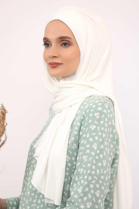Soft Jersey Hijab Shawl for Women, 95% Cotton and Comfortable Ready to Wear Women Headscarf, Cross Stich Instant Pre-tied Hijab Shawl,PS-41 Ivory