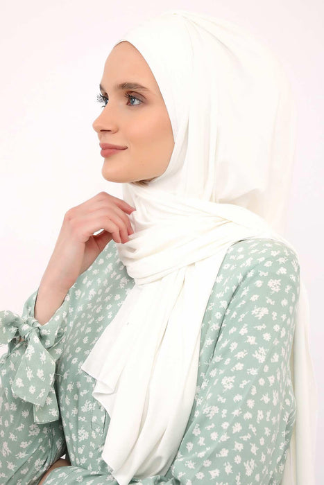 Soft Jersey Hijab Shawl for Women, 95% Cotton and Comfortable Ready to Wear Women Headscarf, Cross Stich Instant Pre-tied Hijab Shawl,PS-41 Ivory