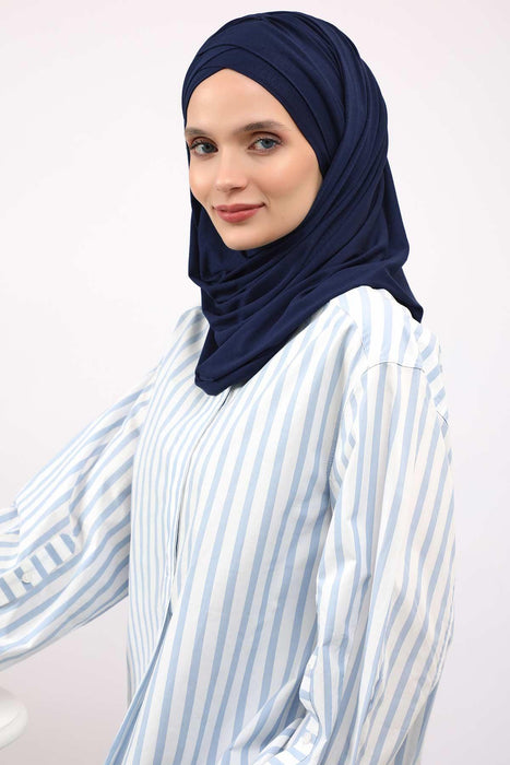 Jersey Shawl for Women %95 Cotton Scarf Head Wrap Modesty Turban Cap Hat,CPS-45 Navy Blue