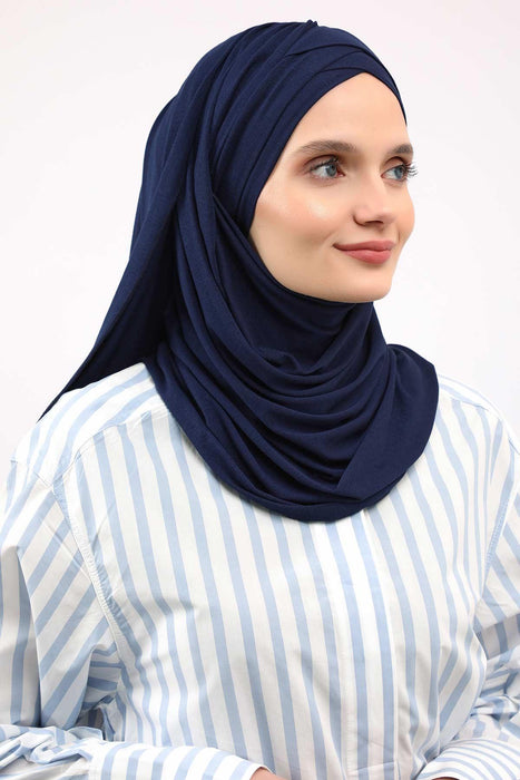 Jersey Shawl for Women %95 Cotton Scarf Head Wrap Modesty Turban Cap Hat,CPS-45 Navy Blue