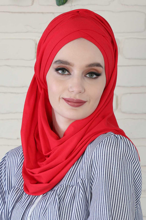 Jersey Shawl for Women %95 Cotton Scarf Head Wrap Modesty Turban Cap Hat,CPS-45 Red