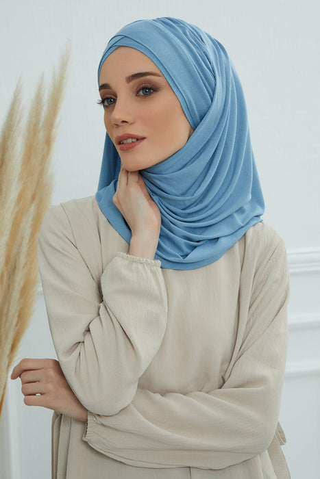Jersey Shawl for Women %95 Cotton Scarf Head Wrap Modesty Turban Cap Hat,CPS-45 Blue