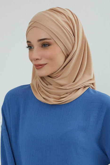 Jersey Shawl for Women %95 Cotton Scarf Head Wrap Modesty Turban Cap Hat,CPS-45 Sand Brown