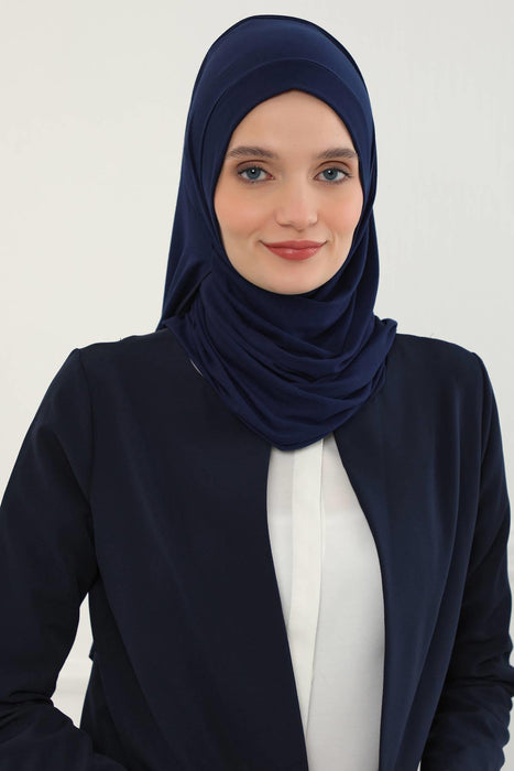 Jersey Shawl for Women Instant Combed Cotton Shawl for Women Cotton Modesty Instant Turban Cap Hat Head Wrap Ready to Wear Scarf,PS-16 Navy Blue
