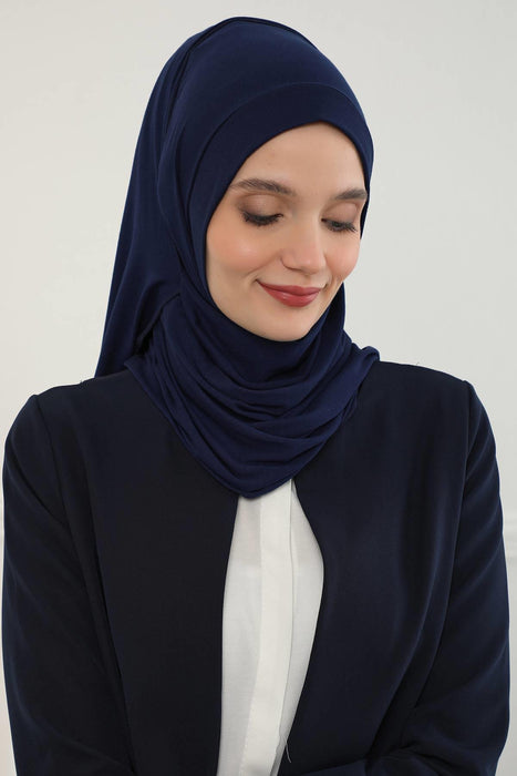 Jersey Shawl for Women Instant Combed Cotton Shawl for Women Cotton Modesty Instant Turban Cap Hat Head Wrap Ready to Wear Scarf,PS-16 Navy Blue