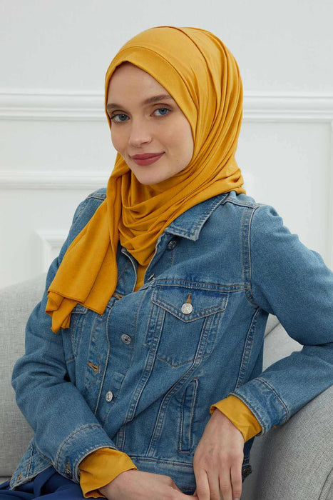 Jersey Shawl for Women Instant Combed Cotton Shawl for Women Cotton Modesty Instant Turban Cap Hat Head Wrap Ready to Wear Scarf,PS-16 Mustard Yellow