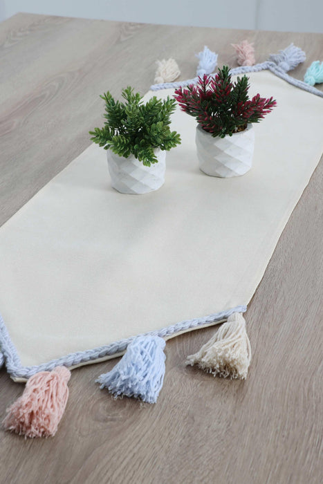 Knit Fabric Table Runner with Handmade Colorful Big Tassels 16 x 48 inches Machine Washable Table Cloth for Home Kitchen Decorations,R-48O Ivory - Blue