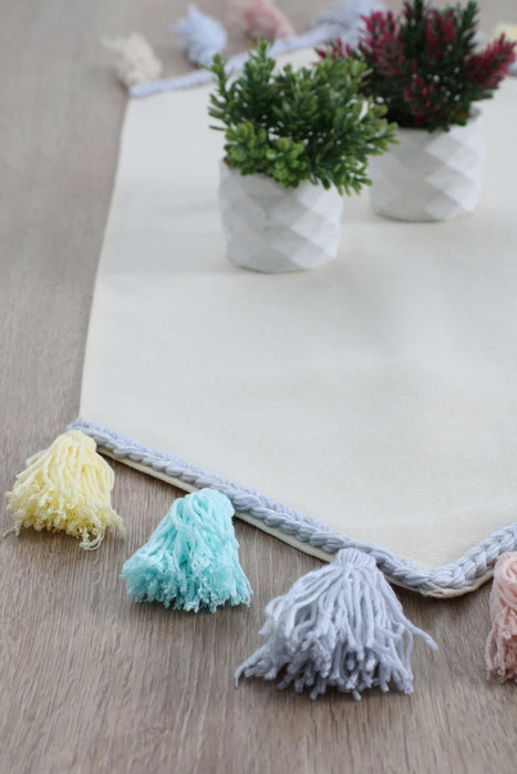 Knit Fabric Table Runner with Handmade Colorful Big Tassels 16 x 48 inches Machine Washable Table Cloth for Home Kitchen Decorations,R-48O Ivory - Blue