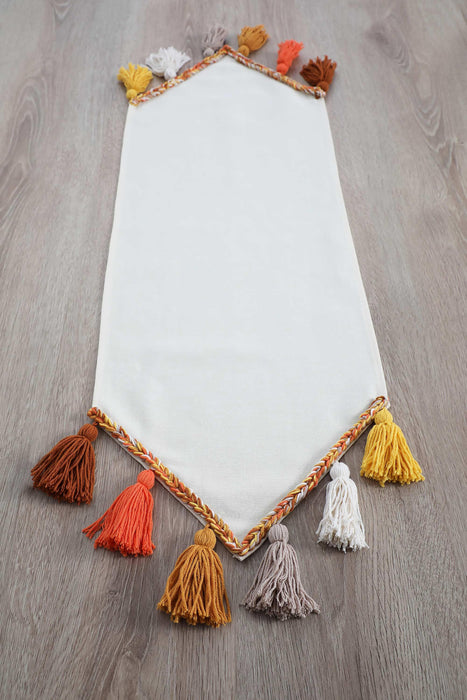 Knit Fabric Table Runner with Handmade Colorful Big Tassels 16 x 48 inches Machine Washable Table Cloth for Home Kitchen Decorations,R-48O Ivory - Orange