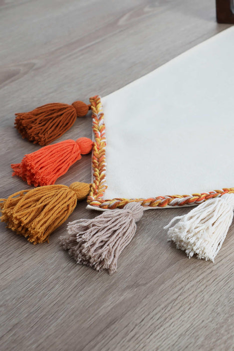 Knit Fabric Table Runner with Handmade Colorful Big Tassels 16 x 48 inches Machine Washable Table Cloth for Home Kitchen Decorations,R-48O Ivory - Orange
