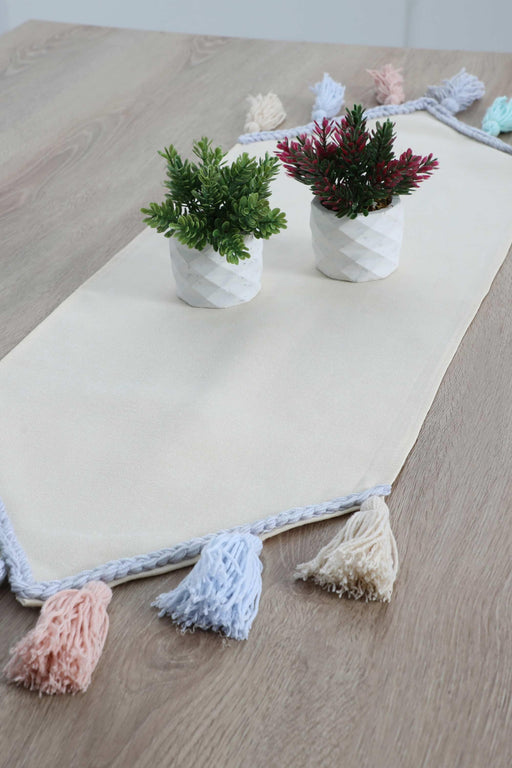 Knit Fabric Table Runner with Handmade Colorful Big Tassels 16 x 55 inches Machine Washable Table Cloth for Home Kitchen Decoration,R-48B Ivory - Blue
