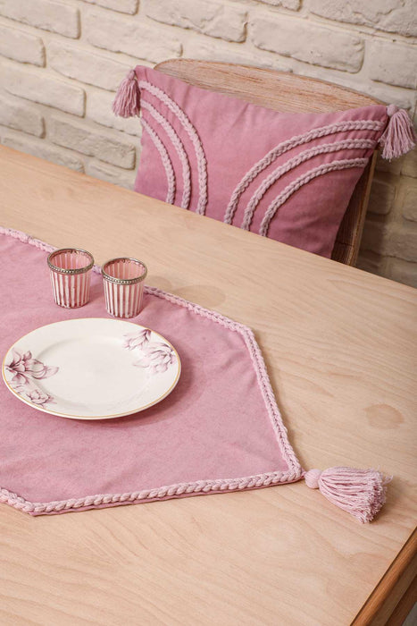 Knit Fabric Table Runner with Handmade Embroidery and Tassels 16x48 inches (40x120 cm) Machine Washable Handicraft Table Cloth,R-31O Pink
