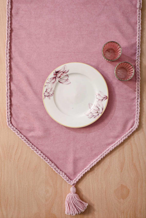 Knit Fabric Table Runner with Handmade Embroidery and Tassels 16x48 inches (40x120 cm) Machine Washable Handicraft Table Cloth,R-31O Pink
