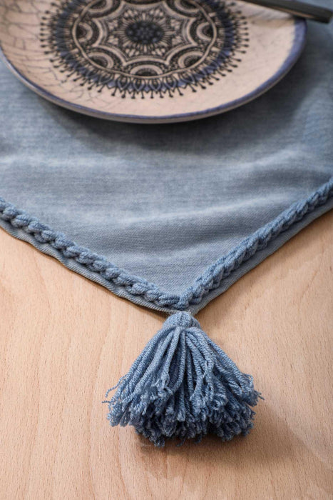 Knit Fabric Table Runner with Handmade Embroidery and Tassels 16x48 inches (40x120 cm) Machine Washable Handicraft Table Cloth,R-31O Light Blue