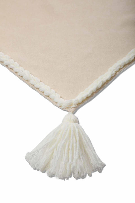 Knit Fabric Table Runner with Handmade Embroidery and Tassels 16x48 inches (40x120 cm) Machine Washable Handicraft Table Cloth,R-31O Ecru