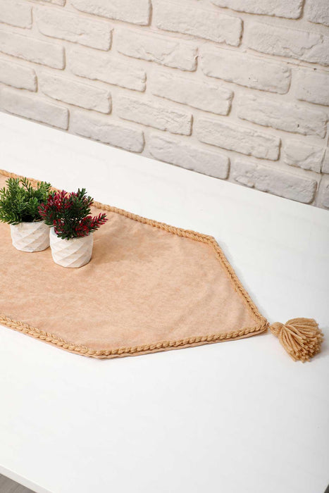Knit Fabric Table Runner with Handmade Tassels, 55x16 Inches Large Rustic Charm Dining Room Decor, Elegant Home Table Runner Decors,R-31B Beige