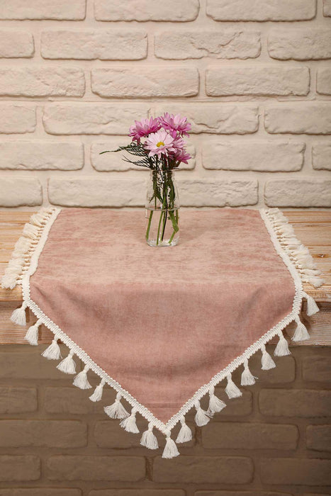 Knit Fabric Table Runner with Handmade Embroidery and Tassels Fringed Handicraft Table Cloth for Home Kitchen Decorations Wedding,,R-32K Powder