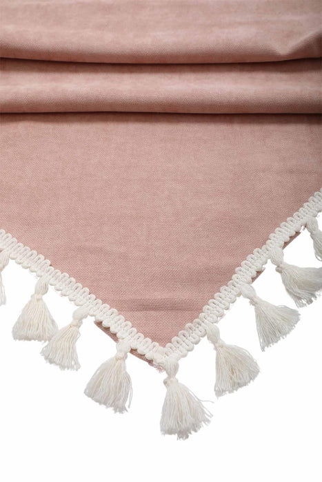 Knit Fabric Table Runner with Handmade Embroidery and Tassels Fringed Handicraft Table Cloth for Home Kitchen Decorations Wedding,,R-32K Powder