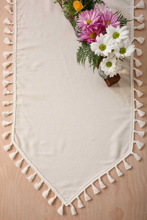 Knit Fabric Table Runner with Handmade Embroidery and Tassels Fringed Handicraft Table Cloth for Home Kitchen Decorations Wedding,,R-32K Ecru