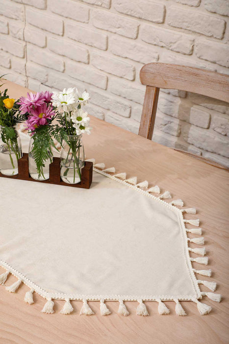 Knit Fabric Table Runner with Handmade Embroidery and Tassels Fringed Handicraft Table Cloth for Home Kitchen Decorations Wedding,,R-32K Ecru