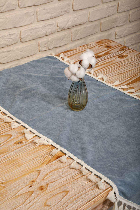 Knit Fabric Table Runner with Handmade Embroidery and Tassels Fringed Handicraft Table Cloth for Home Kitchen Decorations Wedding,,R-32O Light Blue
