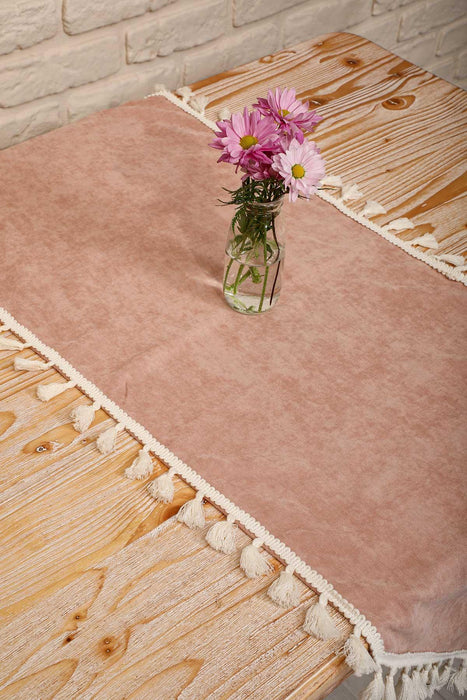 Knit Fabric Table Runner with Handmade Embroidery and Tassels Fringed Handicraft Table Cloth for Home Kitchen Decorations Wedding,,R-32O Powder