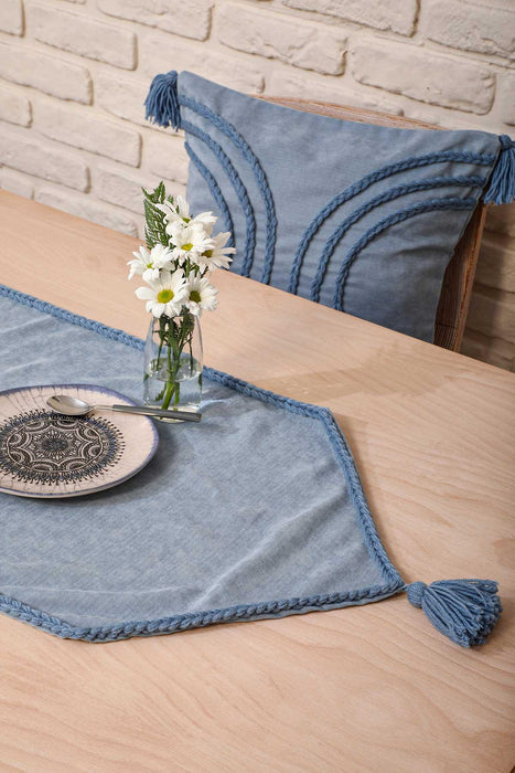 Knit Fabric Table Runner with Handmade Embroidery and Tassels Handicraft Table Cloth for Home Kitchen Decorations Wedding, Everyday,R-31K Light Blue