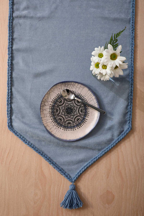 Knit Fabric Table Runner with Handmade Embroidery and Tassels Handicraft Table Cloth for Home Kitchen Decorations Wedding, Everyday,R-31K Light Blue