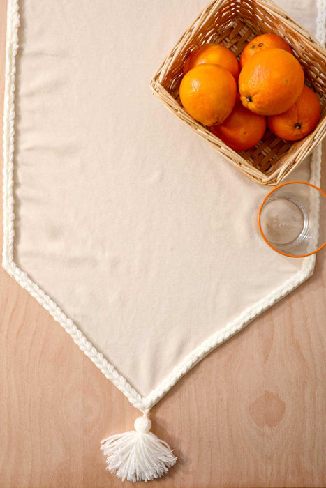 Knit Fabric Table Runner with Handmade Embroidery and Tassels Handicraft Table Cloth for Home Kitchen Decorations Wedding, Everyday,R-31K Ecru