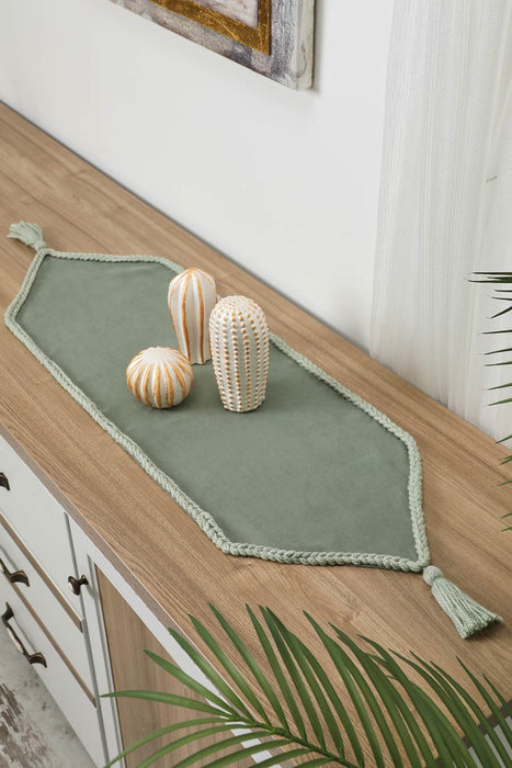 Knit Fabric Table Runner with Handmade Embroidery and Tassels Handicraft Table Cloth for Home Kitchen Decorations Wedding, Everyday,R-31K