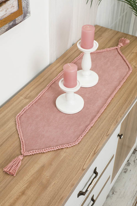 Knit Fabric Table Runner with Handmade Embroidery and Tassels Handicraft Table Cloth for Home Kitchen Decorations Wedding, Everyday,R-31K