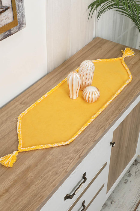 Knit Fabric Table Runner with Handmade Embroidery and Tassels Handicraft Table Cloth for Home Kitchen Decorations Wedding, Everyday,R-31K