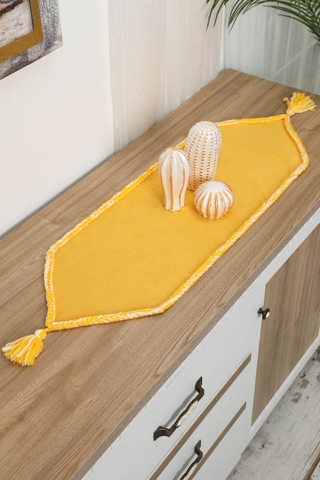 Knit Fabric Table Runner with Handmade Embroidery and Tassels Handicraft Table Cloth for Home Kitchen Decorations Wedding, Everyday,R-31K