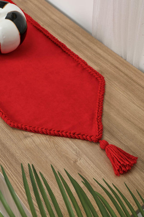 Knit Fabric Table Runner with Handmade Embroidery and Tassels Handicraft Table Cloth for Home Kitchen Decorations Wedding, Everyday,R-31K