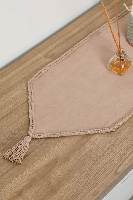 Knit Fabric Table Runner with Handmade Embroidery and Tassels Handicraft Table Cloth for Home Kitchen Decorations Wedding, Everyday,R-31K