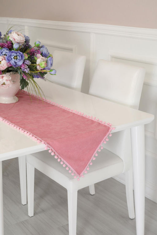 Elegant Knit Fabric Table Runner with Playful Pom-Pom Edges, Charming Pom-Pom Knit Table Runner for Cozy and Stylish Home Table Decor,R-20K Pink
