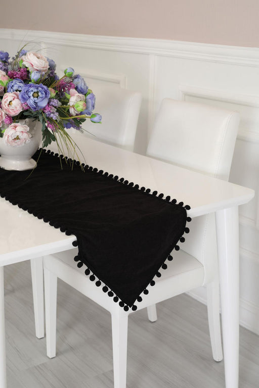 Elegant Knit Fabric Table Runner with Playful Pom-Pom Edges, Charming Pom-Pom Knit Table Runner for Cozy and Stylish Home Table Decor,R-20K Black