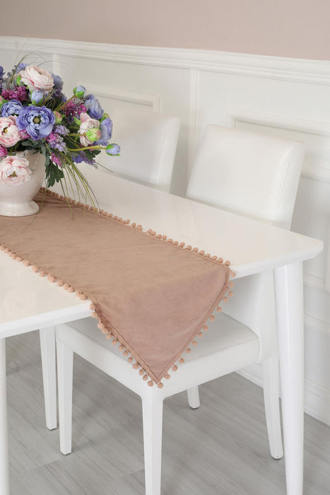 Elegant Knit Fabric Table Runner with Playful Pom-Pom Edges, Charming Pom-Pom Knit Table Runner for Cozy and Stylish Home Table Decor,R-20K Mink