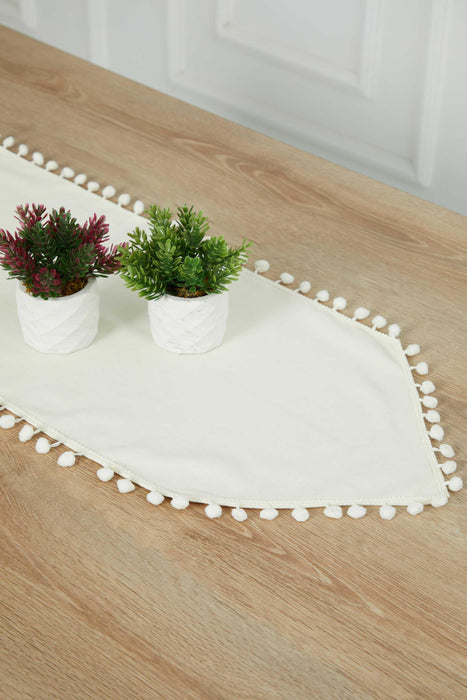 Elegant Knit Fabric Table Runner with Playful Pom-Pom Edges, Charming Pom-Pom Knit Table Runner for Cozy and Stylish Home Table Decor,R-20K Ecru