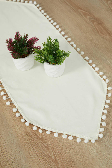 Elegant Knit Fabric Table Runner with Playful Pom-Pom Edges, Charming Pom-Pom Knit Table Runner for Cozy and Stylish Home Table Decor,R-20K Ecru