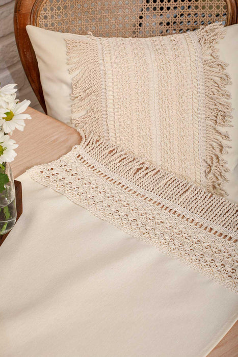 Linen Textured Fabric Table Runner with Lace Embroidery and Tassels 40x140 cm Machine Washable Handicraft Table Cloth for Home,R-29B