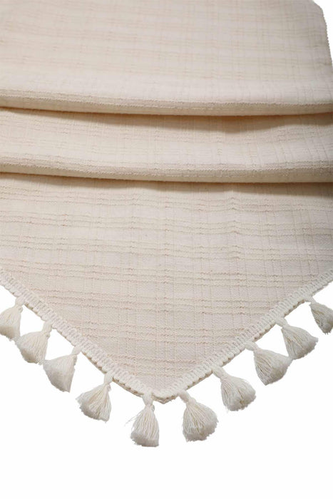 Bohemian Tassel Linen Table Runner, Natural Textured Decorative Table Accent, Handcrafted Tasseled Edge Large Linen Table Runner,R-34B Ivory