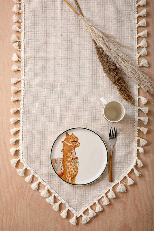 Linen Textured 120x40 cm Table Runner with Handmade Embroidery and Tassels Machine Washable Fringed Handicraft Table Cloth,R-34O Ivory