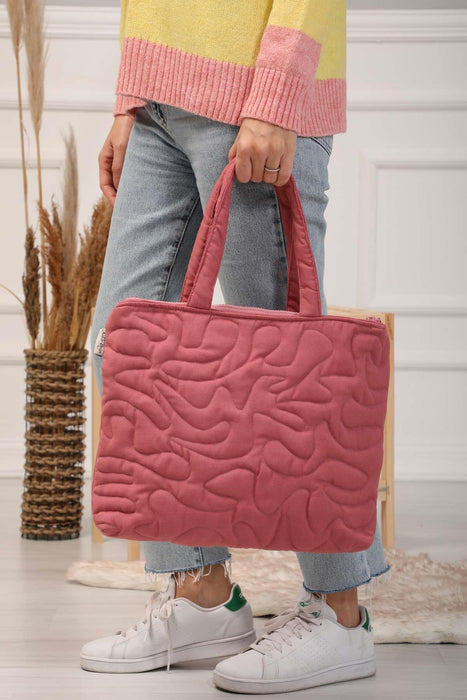 Linen Textured Zippered Hand Shoulder Bag Casual Daily Laptop Workbag with Handicraft Stitches,CK-16 Dark Dried Rose