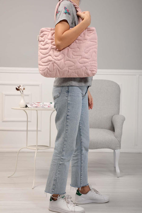 Linen Textured Zippered Hand Shoulder Bag Casual Daily Laptop Workbag with Handicraft Stitches,CK-16 Light Powder