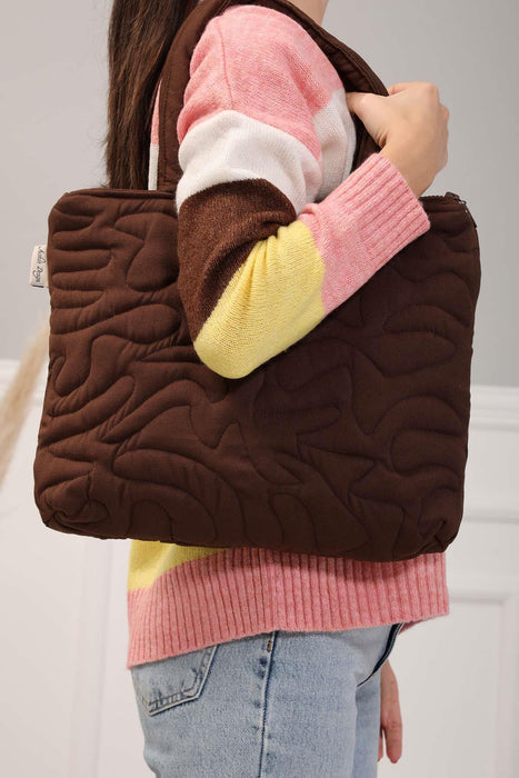 Linen Textured Zippered Hand Shoulder Bag Casual Daily Laptop Workbag with Handicraft Stitches,CK-16 Brown