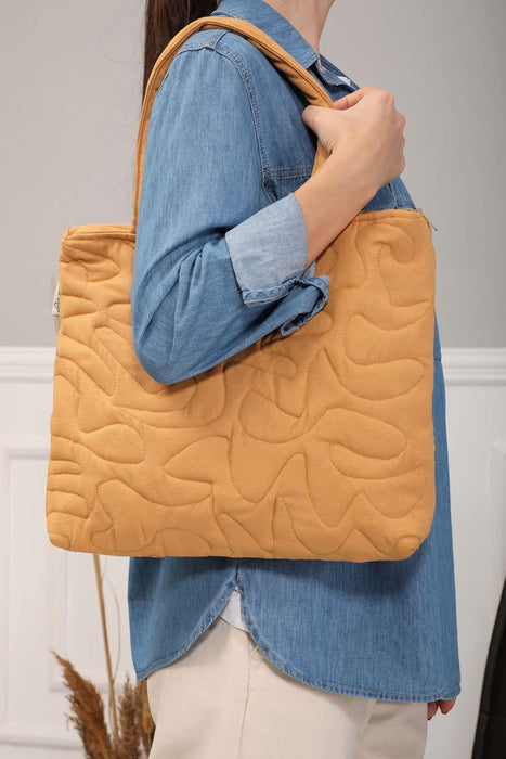 Linen Textured Zippered Hand Shoulder Bag Casual Daily Laptop Workbag with Handicraft Stitches,CK-16 Mustard Yellow