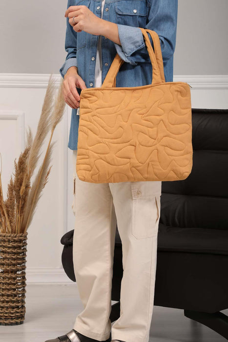 Linen Textured Zippered Hand Shoulder Bag Casual Daily Laptop Workbag with Handicraft Stitches,CK-16 Mustard Yellow