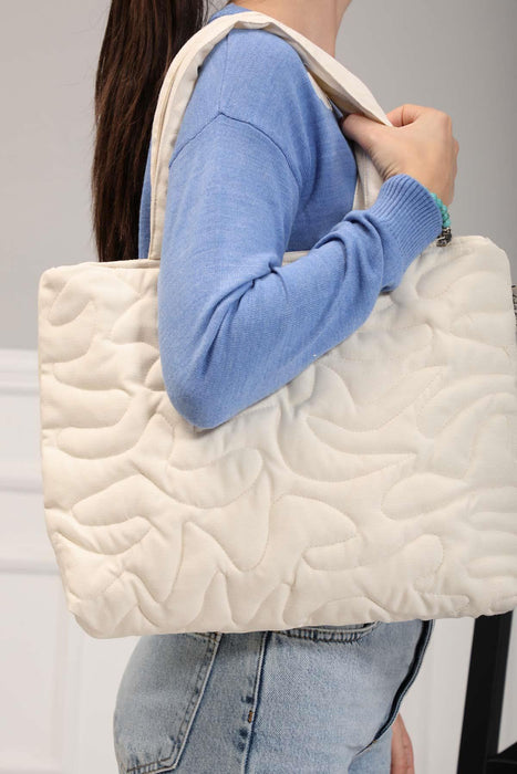 Linen Textured Zippered Hand Shoulder Bag Casual Daily Laptop Workbag with Handicraft Stitches,CK-16 Ivory